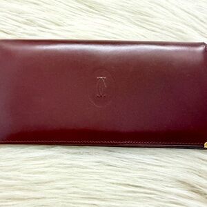 Cartier Burgundy Gold Tone Corners Embossed Logo Women's Credit Card Wallet